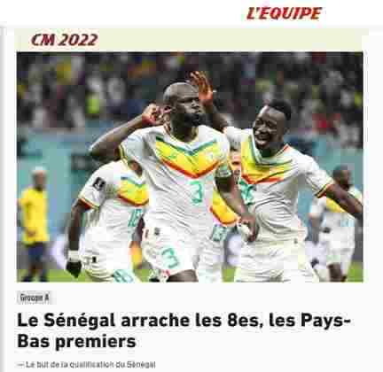 Na França, 'L'equipe' foi direto ao ponto: 'Senegal avança às oitavas e Holanda se classifica em primeiro'.