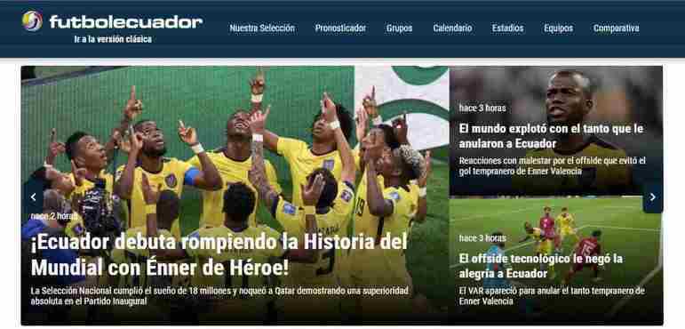 Na página inicial do 'Futbol Ecuador', três destaques da sobre a partida: a vitória da seleção local, e as reações ao impedimento que anulou o primeiro gol equatoriano logo no início do jogo. 