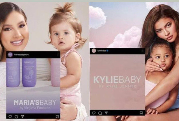 Nas redes sociais, internautas enxergam plágio de Virginia com a foto de divulgação da marca Kylie Baby, da americana  Kylie Jenner. Compare as fotos. O que achou?