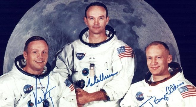 Neil Armstrong, Michael Collins e Buzz Aldrin, os tripulantes da histórica missão Apolo 11 