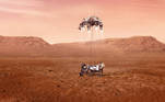 USA7187. NUEVA YORK (ESTADOS UNIDOS), 17/02/2021.- Fotografía cedida este miércoles por la Administración Nacional de Aeronáutica y el Espacio (NASA) que muestra una ilustración del rover Perseverance mientras aterriza de forma segura sobre la superficie de Marte. El viaje de casi siete meses de la Tierra a Marte de la sonda espacial Perseverance terminará este jueves con un desafiante intento de aterrizaje en el planeta rojo que nadie podrá seguir en tiempo real por la diferencia de comunicaciones de 11 minutos entre ambos planetas. EFE/ Emma Howells/ NASA/ SOLO USO EDITORIAL/SOLO DISPONIBLE PARA ILUSTRAR LA NOTICIA QUE ACOMPAÑA (CRÉDITO OBLIGATORIO)