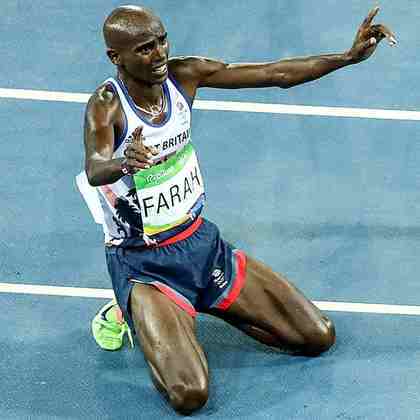 Nascido na Somália, Mo Farah é o maior nome do atletismo britânico nas Olimpíadas, com quatro ouros. Ele foi condecorado “Sir” em 2017.