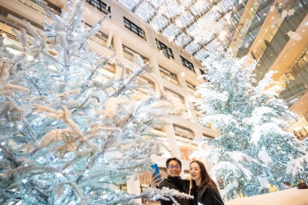 A couple takes a selfie with a Christmas tree in Tokyo 



