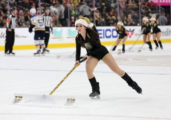 LAS VEGAS, NEVADA - DECEMBER 23: Members of the Knights Guard clean the ice during the Vegas Golden Knights' game against the St. Louis Blues at T-Mobile Arena on December 23, 2022 in Las Vegas, Nevada. The Golden Knights defeated the Blues 5-4 in a shootout. 
