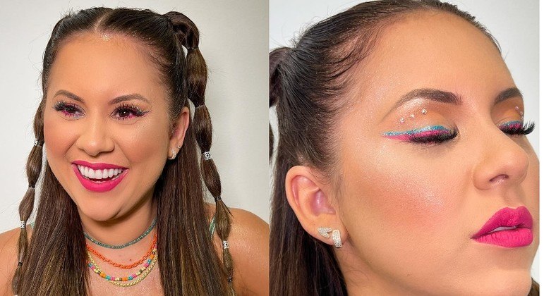 Natália Toscano fez maquiagem de Carnaval com delineador colorido e glitter