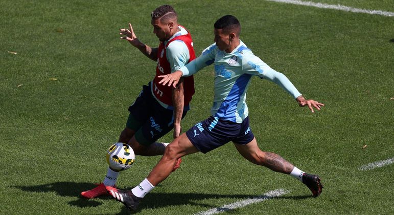 Navarro e Vanderlan disputam a bola em último treino do Palmeiras antes da Juazeirense