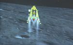 Representação em vídeo da Chandrayaan-3 ao pousar na Lua. A chegada da nave ao satélite natural foi muito comemorada pelo governo e pela população da Índia. Esta é a primeira vez que um veículo espacial pousa nesta área, também conhecida como 'o lado escuro da Lua'