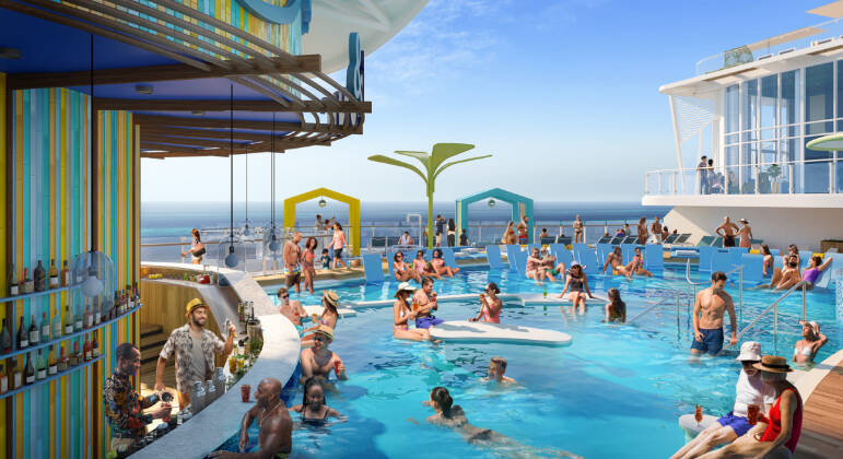 Para quem não abre mão de bons drinques, o navio é equipado com o maior bar na piscina em alto-mar e o primeiro de sua categoria — com sua própria área exclusiva. A embarcação promete comportar até 7.600 passageiros e 2.500 membros da tripulação