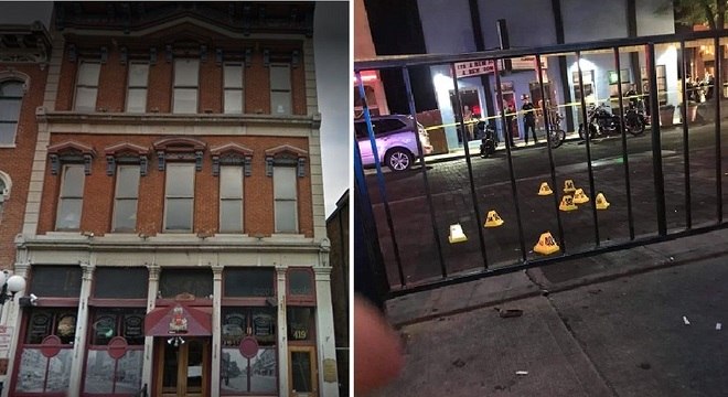 Em frente ao bar Ned Peppers, polícia sinaliza cena do crime em Ohio
