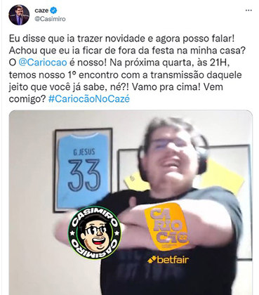 Nesta semana, Casimiro anunciou em suas redes sociais que transmitirá partidas do Campeonato Carioca 2022 em seu canal na Twitch. 