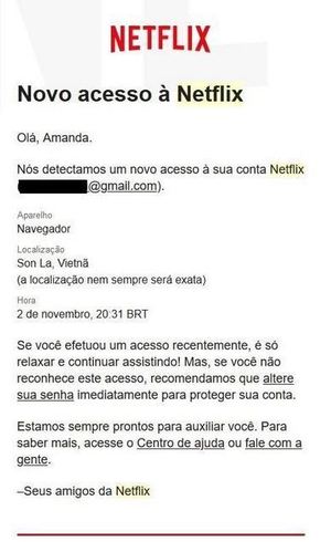 Email enviado para Amanda mostra um acesso do Vietnã