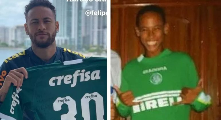 Neymar com a camisa do Palmeiras, seu time de infância. Seu pai é muito próximo da presidente Leila Pereira