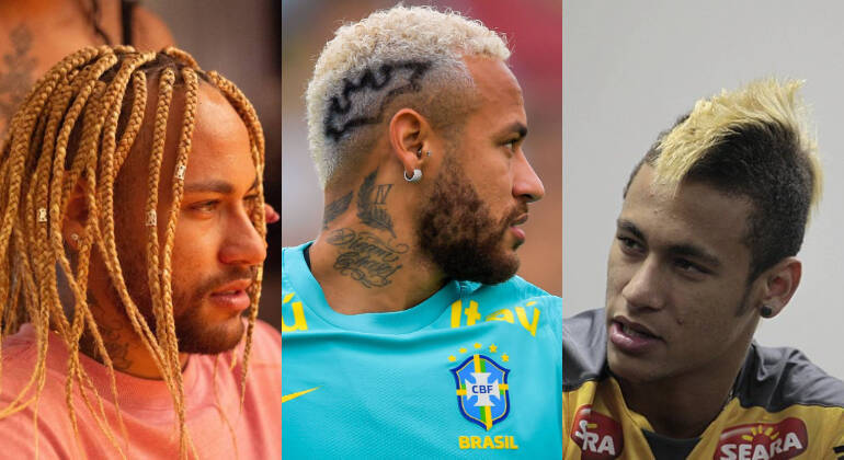 3. Neymar Neymar é um dos maiores exemplos de jogadores que vivem um eterno Dia do Cabelo Maluco. Além dos moicanos, o brasileiro já arriscou nas tranças e até desenhou o símbolo do Batman 