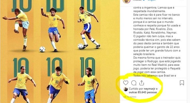 A crítica pesada de Rivaldo a Tite. Com o aval de seu jogador mais protegido