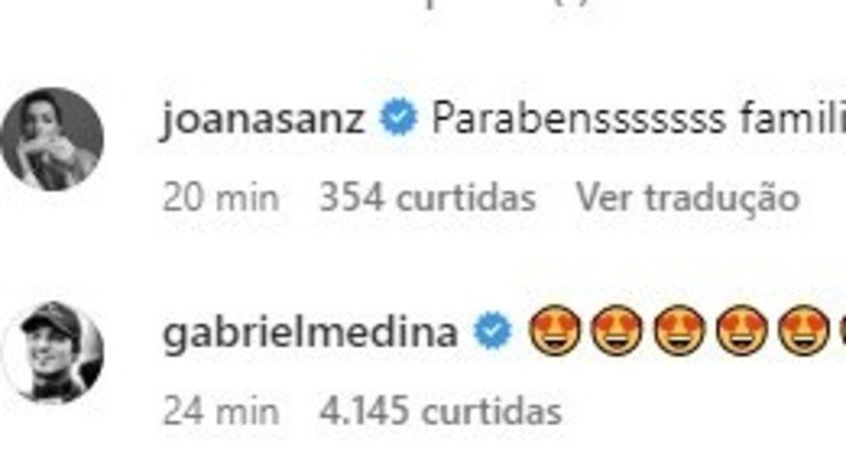 Além de Medina, a ex-esposa de Daniel Alves, Joana Sanz, parabenizou o casal
