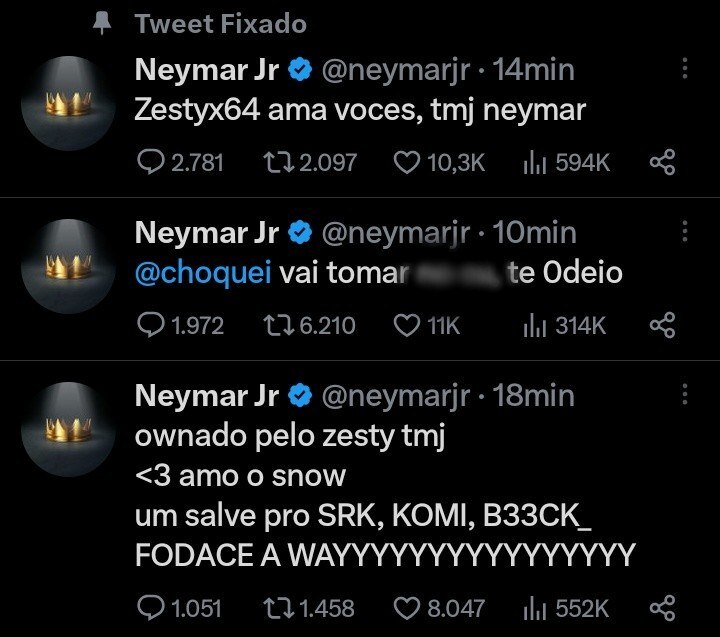 Mensagens feitas pelo hacker na página de Neymar