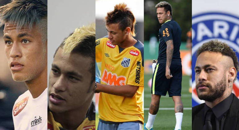 MoicanoPor muito tempo, Neymar usou o moicano. Não satisfeito em escolher o corte diferente, fez — e ainda faz — diversas variações dele ao longo dos anos