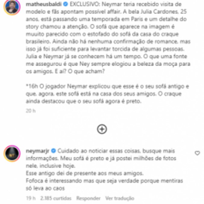 Neymar desmentiu jornalista nas redes sociais