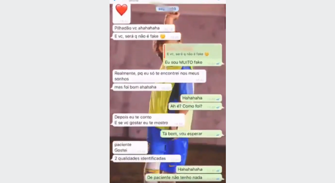 As primeiras mensagens que Neymar exibe em vídeo na internet mostram desconfiança da mulher sobre a conversa com o jogador. Ela dúvida que seja o número do celular e pergunta se seria um fake