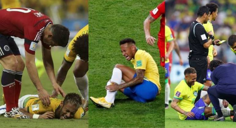 Lesão de Neymar em 2014 contra Colômbia; contra Bélgica em 2018; e contra Sérvia em 2022
