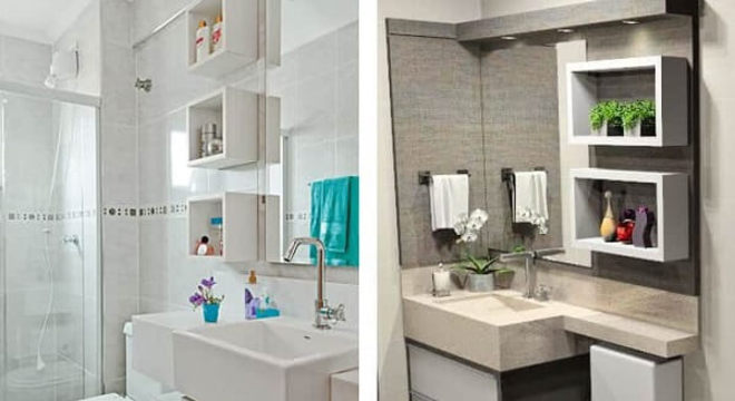 Nichos utilizados como enfeites para banheiro pequeno
