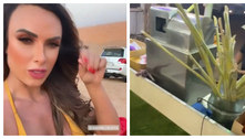 Nicole Bahls se choca com preços em Dubai e toma caldo de cana 