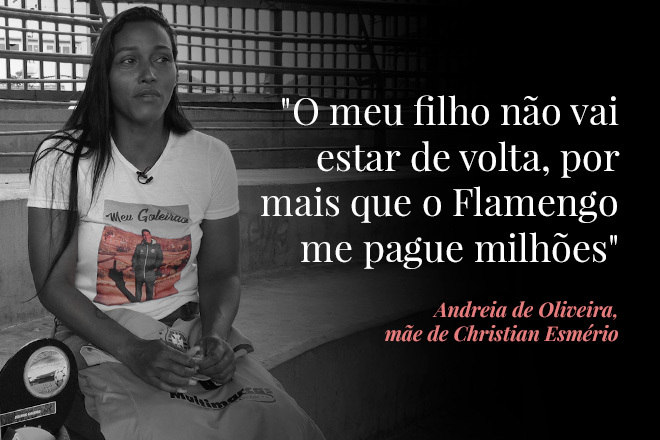 Andreia de Oliveira é mãe de Christian Esmério, um dos jogadores mortos no incêndio no Ninho do Urubu (Arte/ R7)