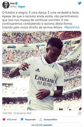  No dia 16/9, indignado com o racismo sofrido por Vinícius J na Espanha (um comentarista o comparou a um macaco por causa da dança), Pelé postou apoio ao jovem atacante: Baila Vini Jr 