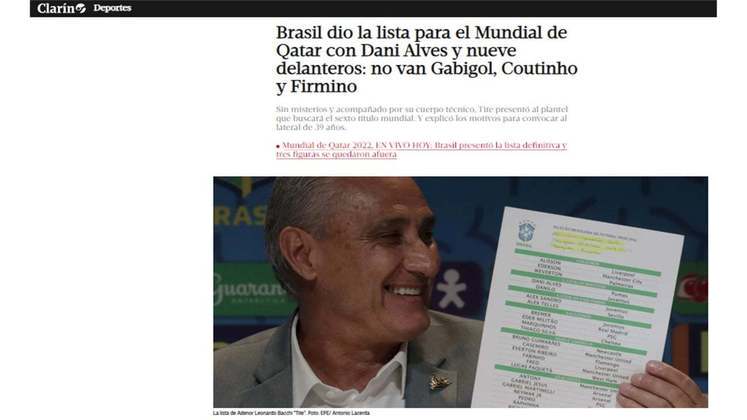 No mesmo país, o 'Clarín' colocou o nome de Gabigol na manchete, citando sua ausência ao lado de Firmino e Coutinho. 