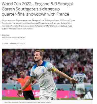 No site da 'SkySports', o foco já foi dado todo para o confronto das quartas de final entre Inglaterra e França. 