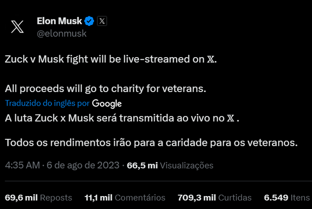 No último domingo (06/08), Musk postou no X que o embate seria transmitido ao vivo na plataforma e que todo o lucro obtido seria revertido para a caridade de veteranos de guerra. 