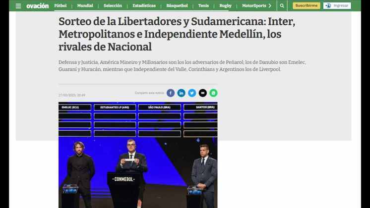 No Uruguai, 'El País' estampou em sua manchete a composição do grupo do Nacional, com a presença do Internacional como representante brasileiro, porém sem fazer juízo de valor. 