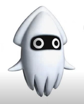Nome do personagem: Blooper - Esse ser é uma espécie de lula branca que vive no oceano e aparece em fases aquáticas do jogo. A função dela é perseguir o personagem principal Mario por todo canto possível.