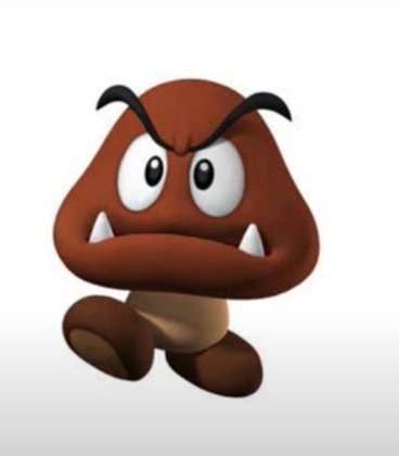 Nome do personagem: Goomba - Esse é um personagem importante e de destaque no jogo, já que é um inimigo que aparece constantemente no universo de Mario Bros. Eles são cogumelos que têm 