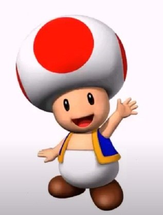 Nome do personagem: Toad - É outro personagem muito tradicional do jogo e um dos que melhor simboliza o universo Mario Bros. Ele é muito próximo dos personagens principais e vive no Reino dos Cogumelos servindo a princesa Peach.
