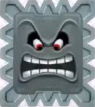 Nome do personagem: Twhomp - Um personagem que não tem medo de esconder sua careta! O Twhomp é uma pedra gigante que teve muitas evoluções ao longo do jogo. 