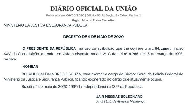 Decisão, publicada no Diário Oficial, com a nomeação de Rolando Souza