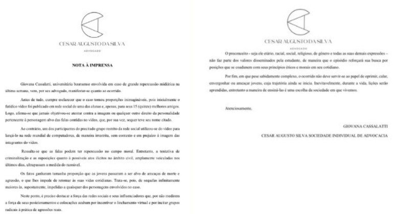 Nota da defesa de Giovana Cassalati