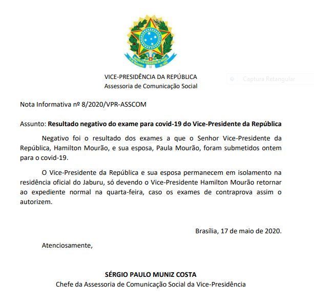 Comunicado divulgado pela vice-presidência sobre exame de Mourão