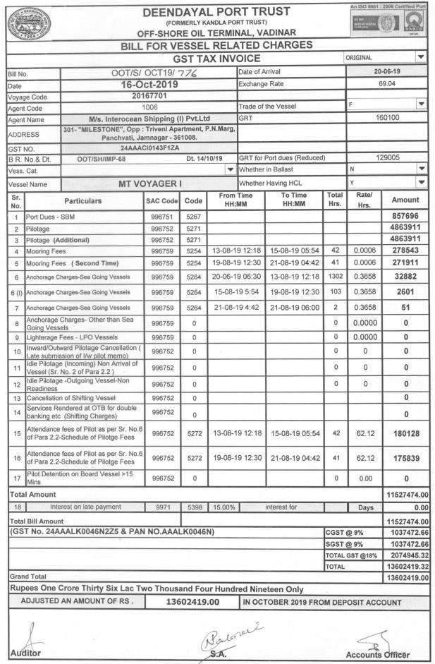 Nota Fiscal de porto na Índia mostra que navio estaria navegando próximo ao Brasil (Reprodução)
