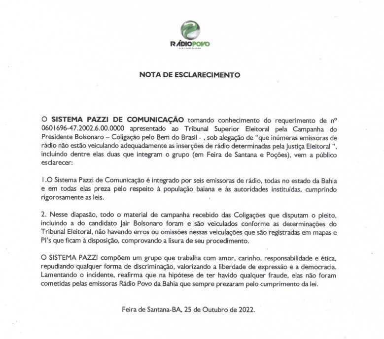 Nota da Rádio Povo sobre denúncia do presidente Jair Bolsonaro 

