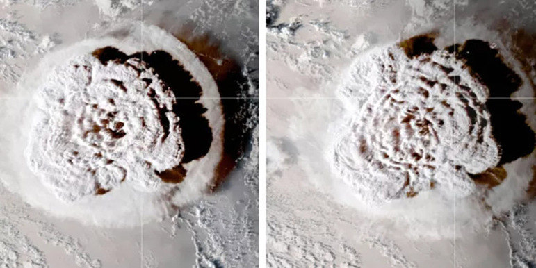 Novas imagens de satélite mostram a violência da erupção do vulcão Hunga Tonga, em janeiro deste ano. Imagens da NASA registraram o efeito pluma e constataram que a mistura de gás, vapor e cinzas alcançou a mesosfera (terceira camada da atmosfera), a 58 km de altitude, um recorde! 