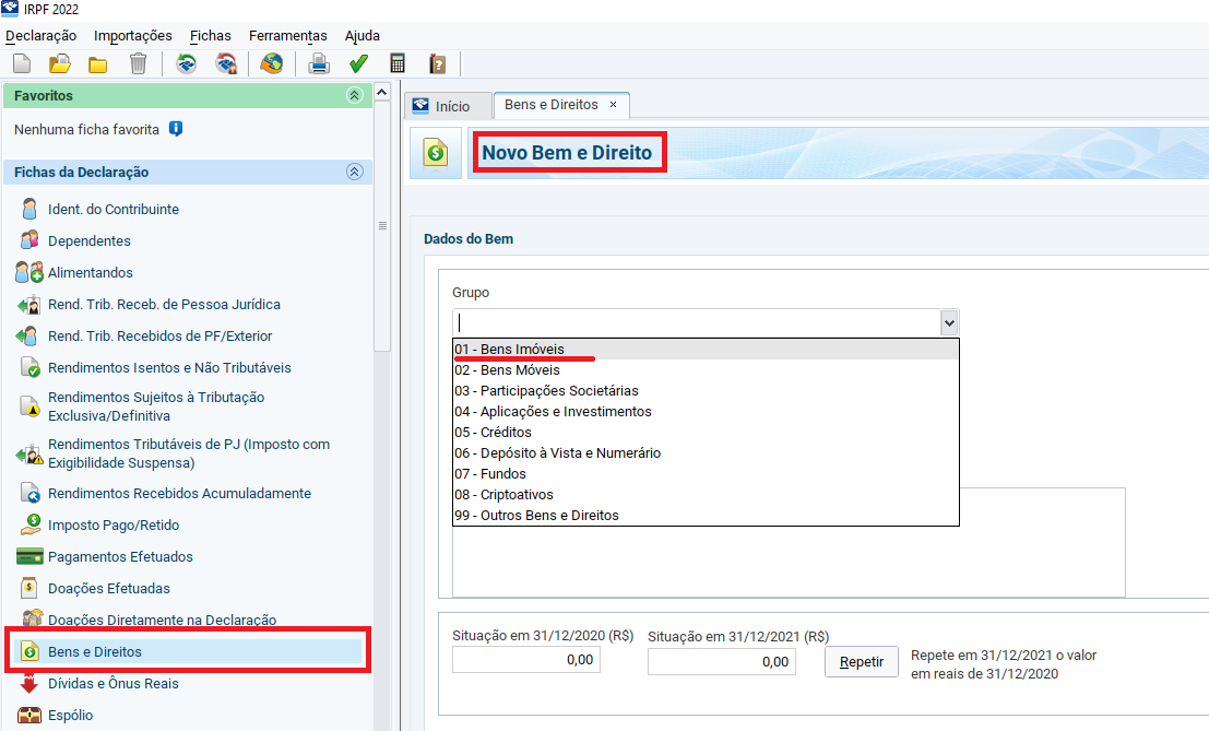 NOVO GRUPO BENS IMÓVEIS BENS E DIREITOS IRPF2022
