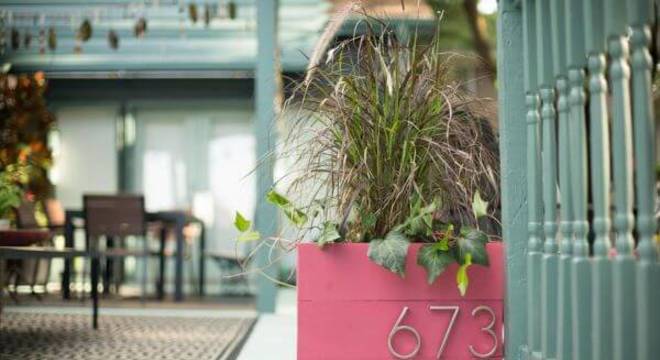 Número de casa com vaso rosa