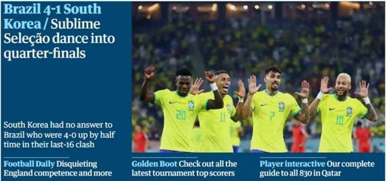 O Guardian, do Reino Unido, disse que a seleção brasileira ruma suas danças para as quartas de final da Copa do Mundo