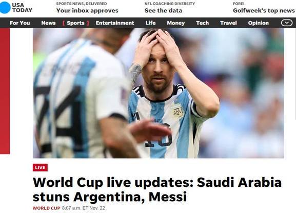 O americano USA Today disse que a Arábia Saudita deixou a Argentina - e Messi - atordoados. 