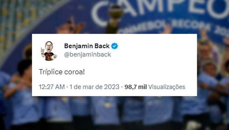 O apresentador corintiano Benjamin Back ironizou os três vices do Flamengo em 2023 e escreveu em seu Twitter: 