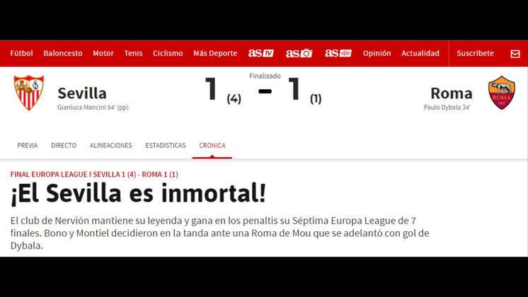 O 'As', e Madrid, chamou o clube da Andaluzia de 'Imortal' já que saiu atrás no placar e resistiu à prorrogação para se sagrar campeão. 