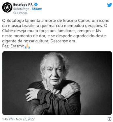 O Botafogo disse que Erasmo Carlos foi um ícone da música brasileira que marcou e embalou gerações. 