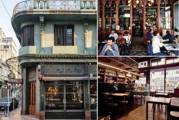 O 'Cafe La Farmacia' já virou um ponto famoso em Montevidéu, Uruguai. Trata-se de uma antiga farmácia que virou um café, mas que mantém a mesma fachada antiga.
